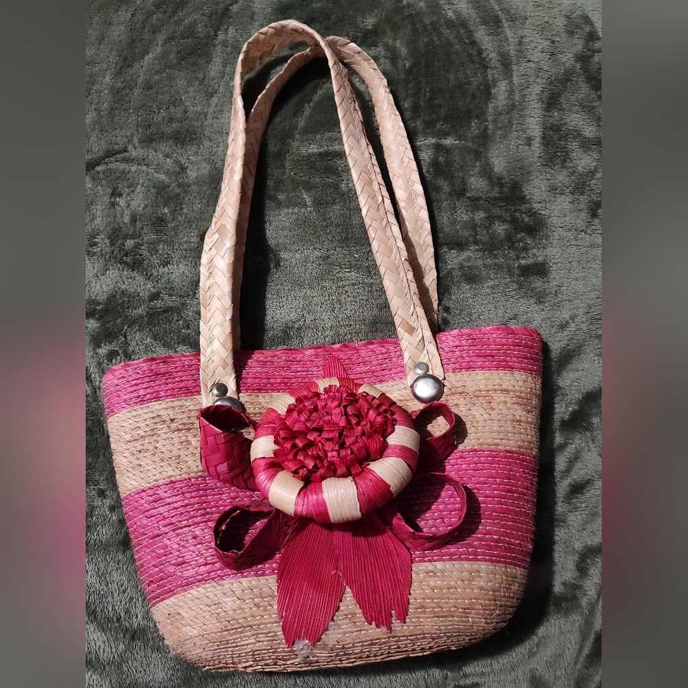 Pink and Tan Woven Tote Bag
